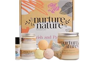 NURTURE BY NATURE BOTANICALS Nurture by Nature Pamper Bath Set - Natural Bath Gift Set for Women - At Home Spa Basket, Bath & Shower Sets - 3X Bath Bomb, Sugar Salt Body Scrub, Lavender Roll On - Ideal Bath Sets for Women Gift