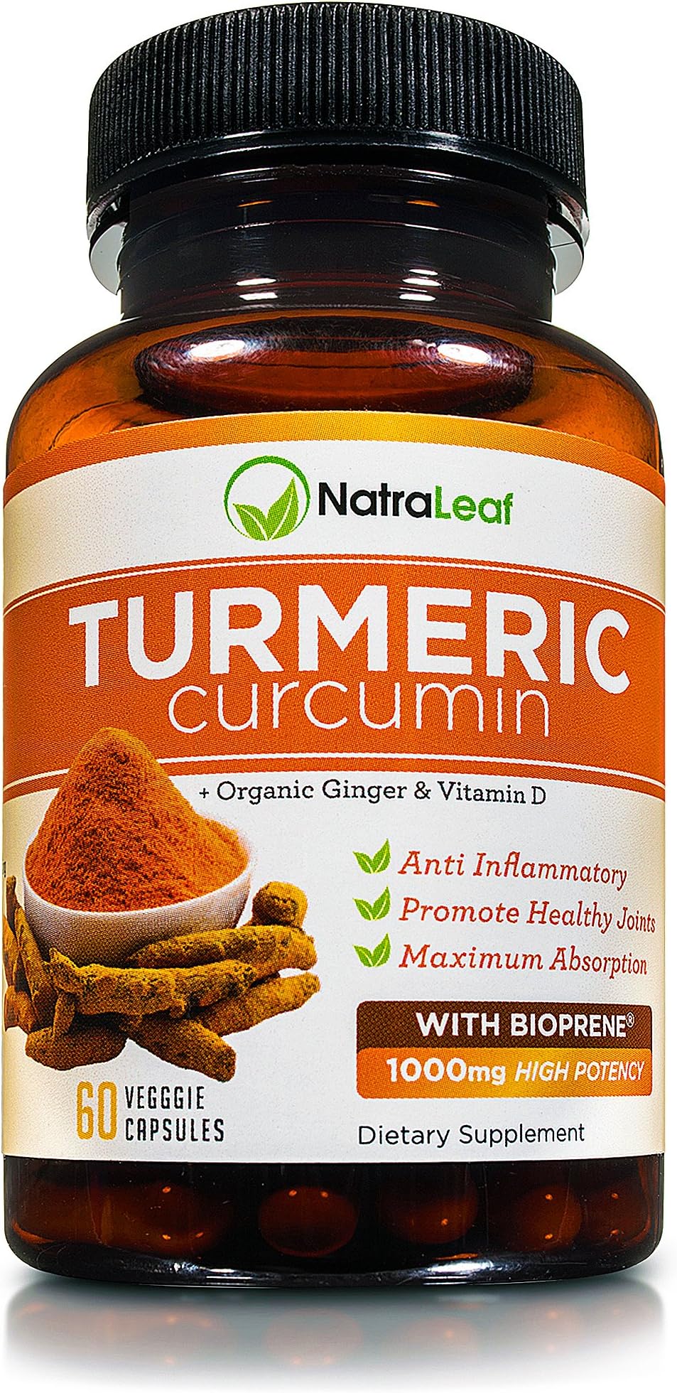 NatraLeaf Turmeric Curcumin with BioPerine - 95% Curcumnoids - Triple Blend of Turmeric Extract, Vitamin D & Ginger - w/Black Pepper for Best Absorption - Anti-Inflammatory for Joint Pain - Non-GMO
