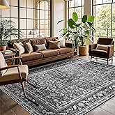 OPPODREAM Thin Vintage Black Area Rugs 5x7, 5 x 7 Retro Washable Rug Non Slip, Low-Pile Faux Wool Carpet, Distressed Floor Mat for Living Room, Bedroom, Kitchen, Office, Dorm, Dinning Room
