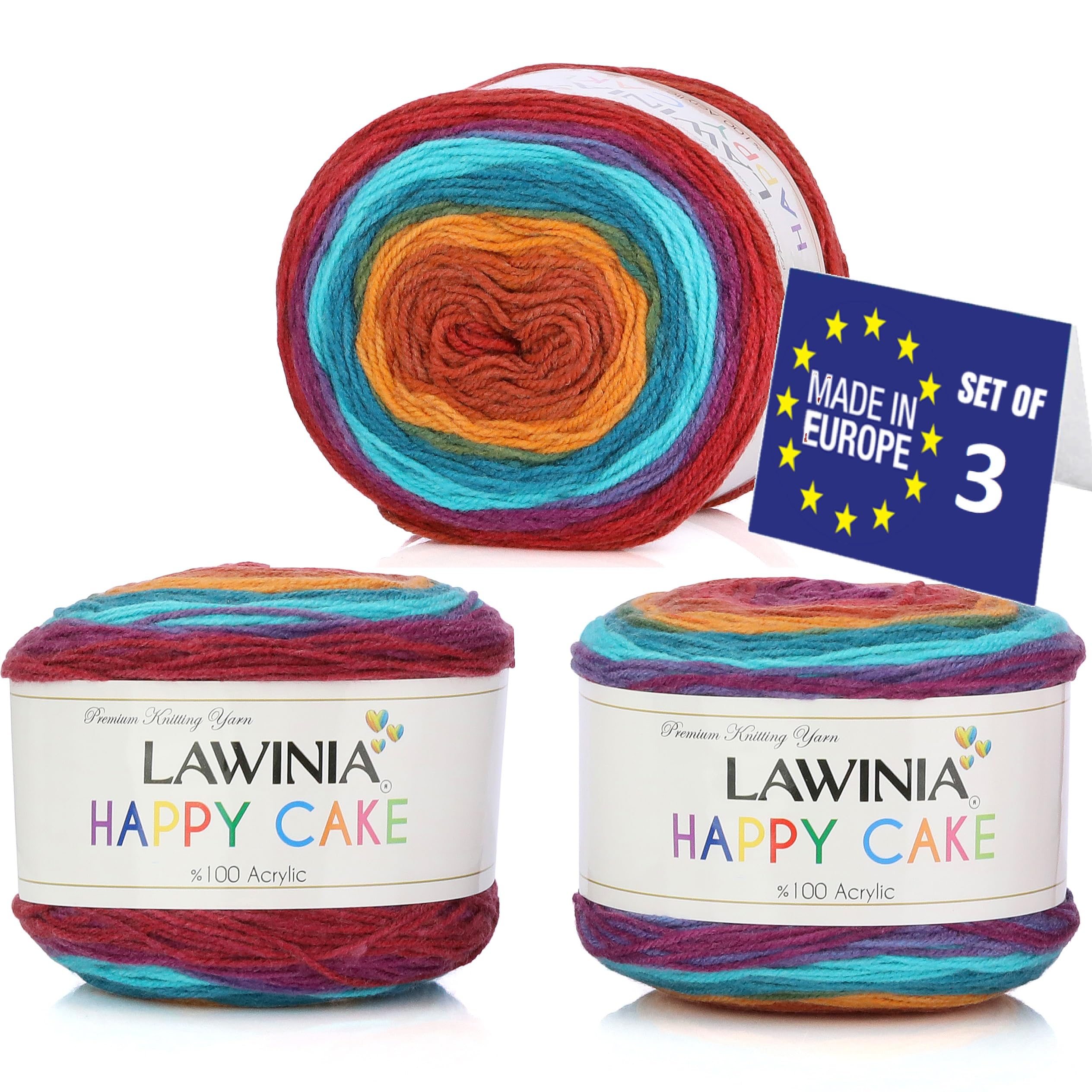 LAWINIA Happy Cake Premium Rainbow Yarn DK, Pack of 3 Each 150g - 530m Cake DK Knitting Yarn, Gradient Rainbow Wool for Knitting, Multicoloured Wool
