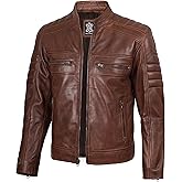 fjackets Cafe Racer Leather Jacket Men - Real Lambskin Natural Grain Leather Moto Style Jackets For Mens