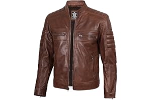 fjackets Cafe Racer Leather Jacket Men - Real Lambskin Natural Grain Leather Moto Style Jackets For Mens
