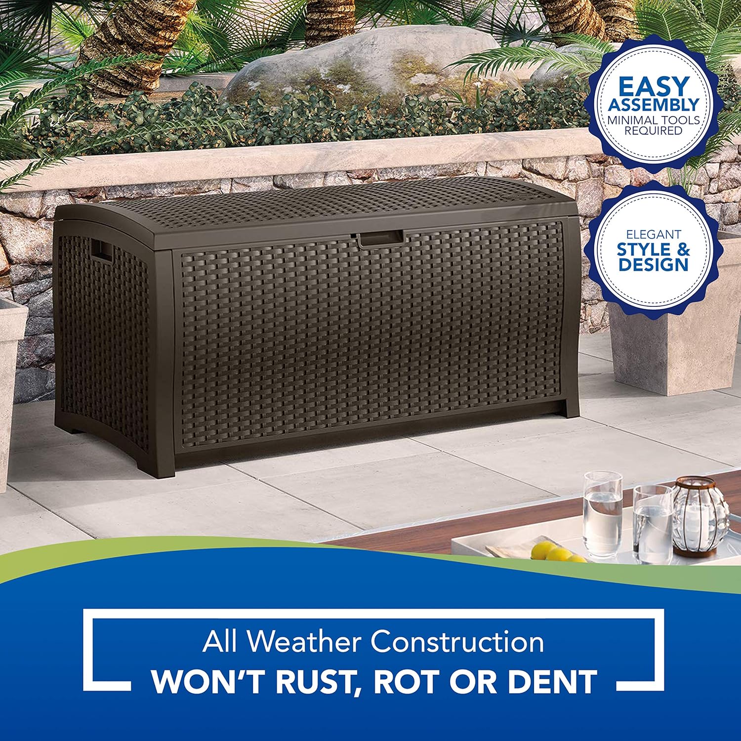 Suncast 99 Gallon Resin Wicker Patio Outdoor Storage Container for Toys, Furniture Deck box, Mocha : Garden Storage : Garden & Outdoor