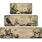 Romart Halloween Kitchen Rugs Set of 3, Gothic Owl Raven Skull Kitchen Mats | Soft Velvet Surface, Thin Profile, Machine Washable, Includes 12 Rug Corner Grippers, 16 x 31, 16 x 47 & 16 x 59 Inch