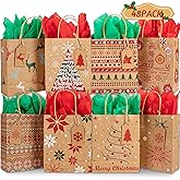 Kiddokids 48 Christmas Gift Bags 7" x 8.65" x 3.15", Kraft Holiday Wrapping with Tissue Papers, 48 Gift Tags for Xmas Exchange, Party Favors Goodie Bags, Christmas Gift Box Packaging, Decor