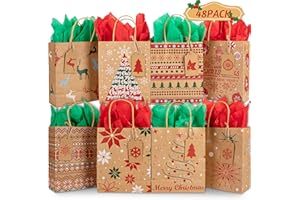 Kiddokids 48 Christmas Gift Bags 7" x 8.65" x 3.15", Kraft Holiday Wrapping with Tissue Papers, 48 Gift Tags for Xmas Exchange, Party Favors Goodie Bags, Christmas Gift Box Packaging, Decor