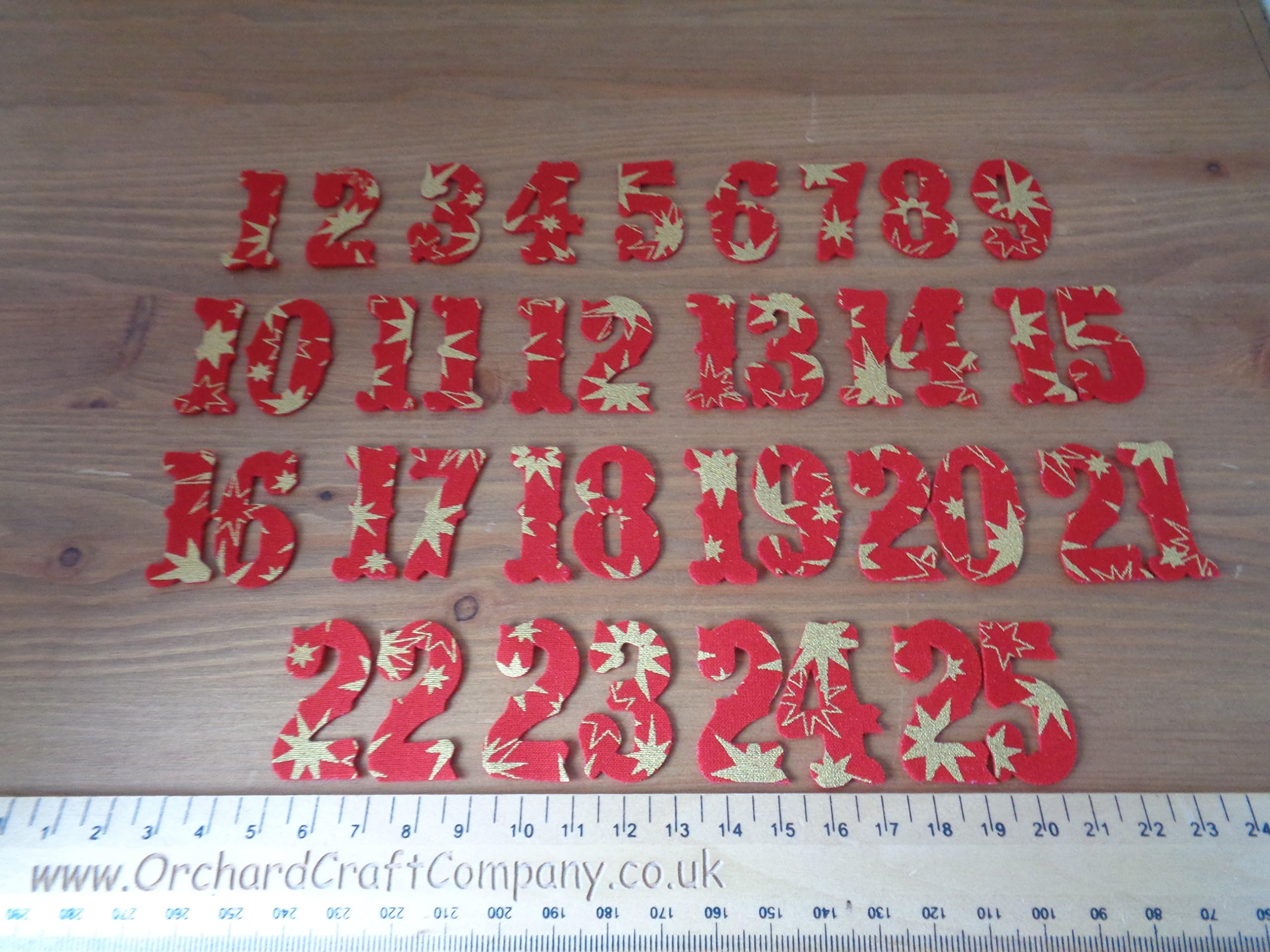 Advent Calendar Numbers 1-25. Iron On Fabric (No Sew) Red with Gold Stars