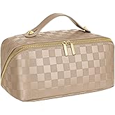 Large Capacity Travel Cosmetic Bag - Portable Makeup Bags for Women Waterproof PU Leather Checkered Makeup Organizer Bag with Dividers and Handle,Toiletry Bag for Cosmetics