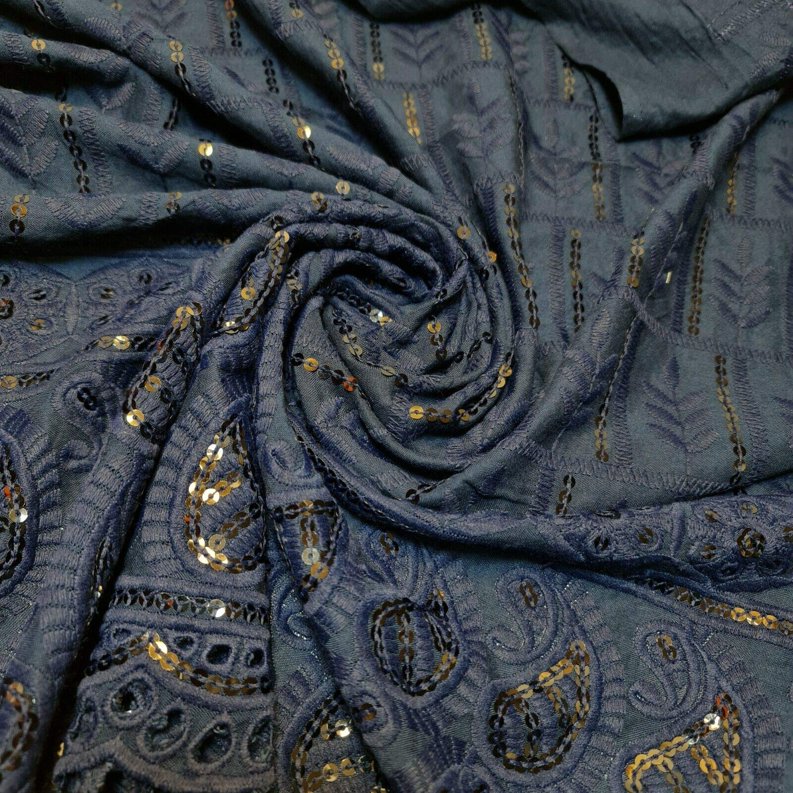 New Spring Soft Poly Cotton Broderie Anglaise Sequin Anglias Hole Border Craft Dress Fabric 44" - 112 cm Wide Sold As Pre - Cut Lengths (1 Meter, Midnight Blue)