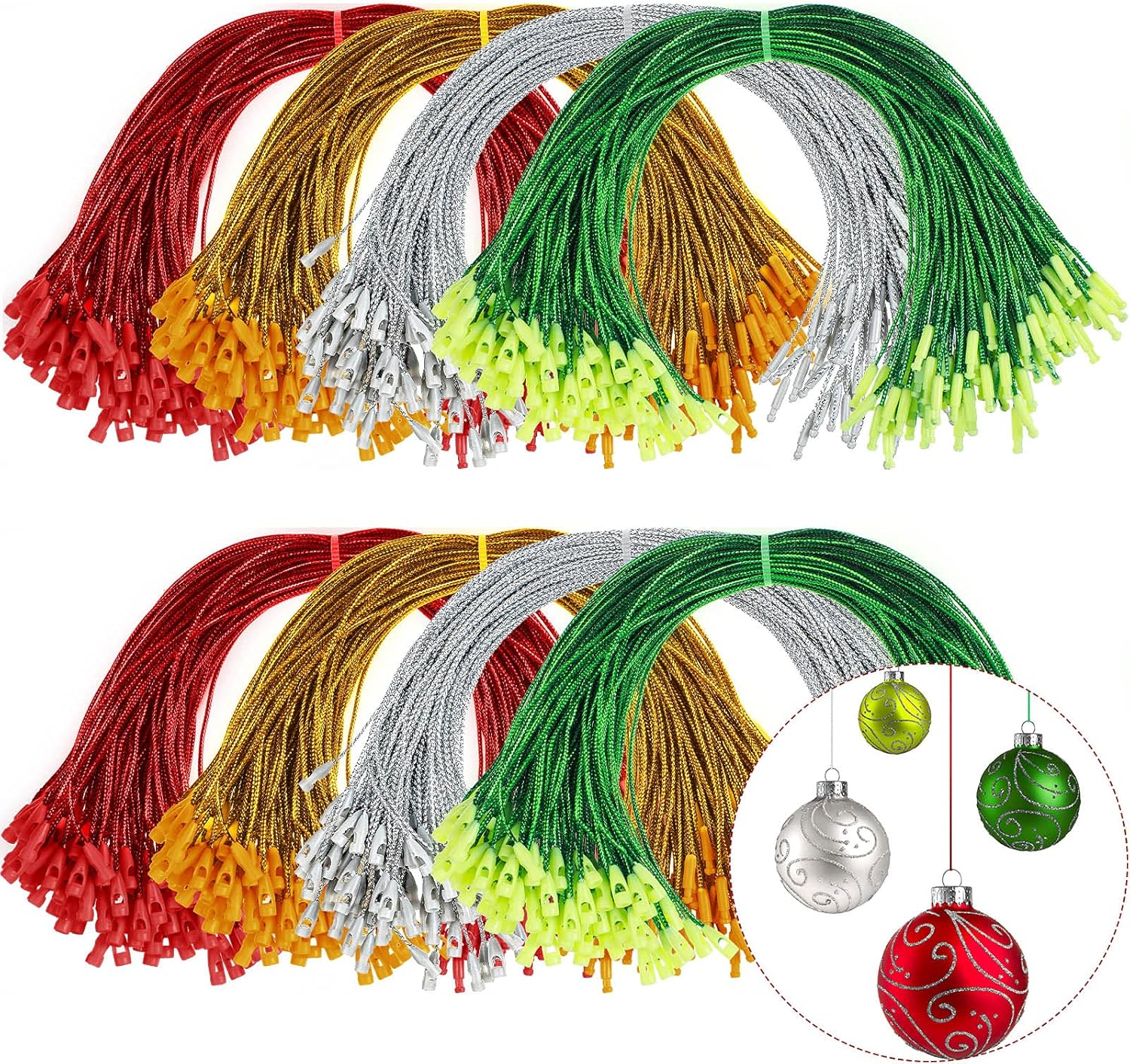 Ornament Hooks - Shappy 1000 Pieces Christmas Ornament Hooks Ornament Hangers Precut Cord Easy Locking with Snap Precut Hanging Ropes for Christmas Tree Holiday Party Decoration Strings(Gold, Silver, Red, Green)
