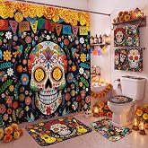 FuWeave 8 Pcs Day of the Dead Shower Curtain Set for Bathroom Decor, Mexican Sugar Skull & Floral Dia De Los Muertos Shower Curtain with Towels, Non Slip Bath Mat, Toilet Lid Cover and 12 Hooks