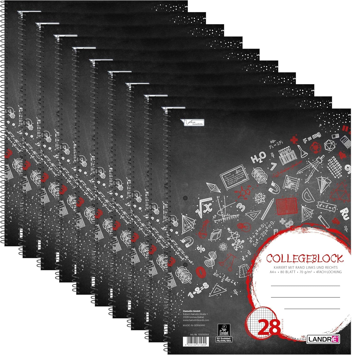 Landré College Notepad A4 Squared with Double Margin 80 Sheets Black Perforated Pack of 10