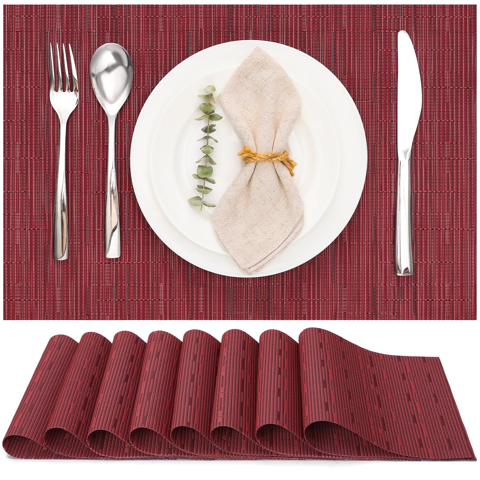 Myir JUN Table Mats Set of 8, Place Mats Table Placemats Washable Non-slip Heat Insulation Woven Vinyl for Kitchen Dinning Restaurant 17"X12" (Red) — image 1