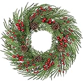 23 inch Norfolk Pine Wreath, Christmas Wreath for Front Door Christmas Door Wreaths with Red Berries Pine Cones Cedar Leaves Artificial Wreaths for Xmas Indoor Outdoor Decorations