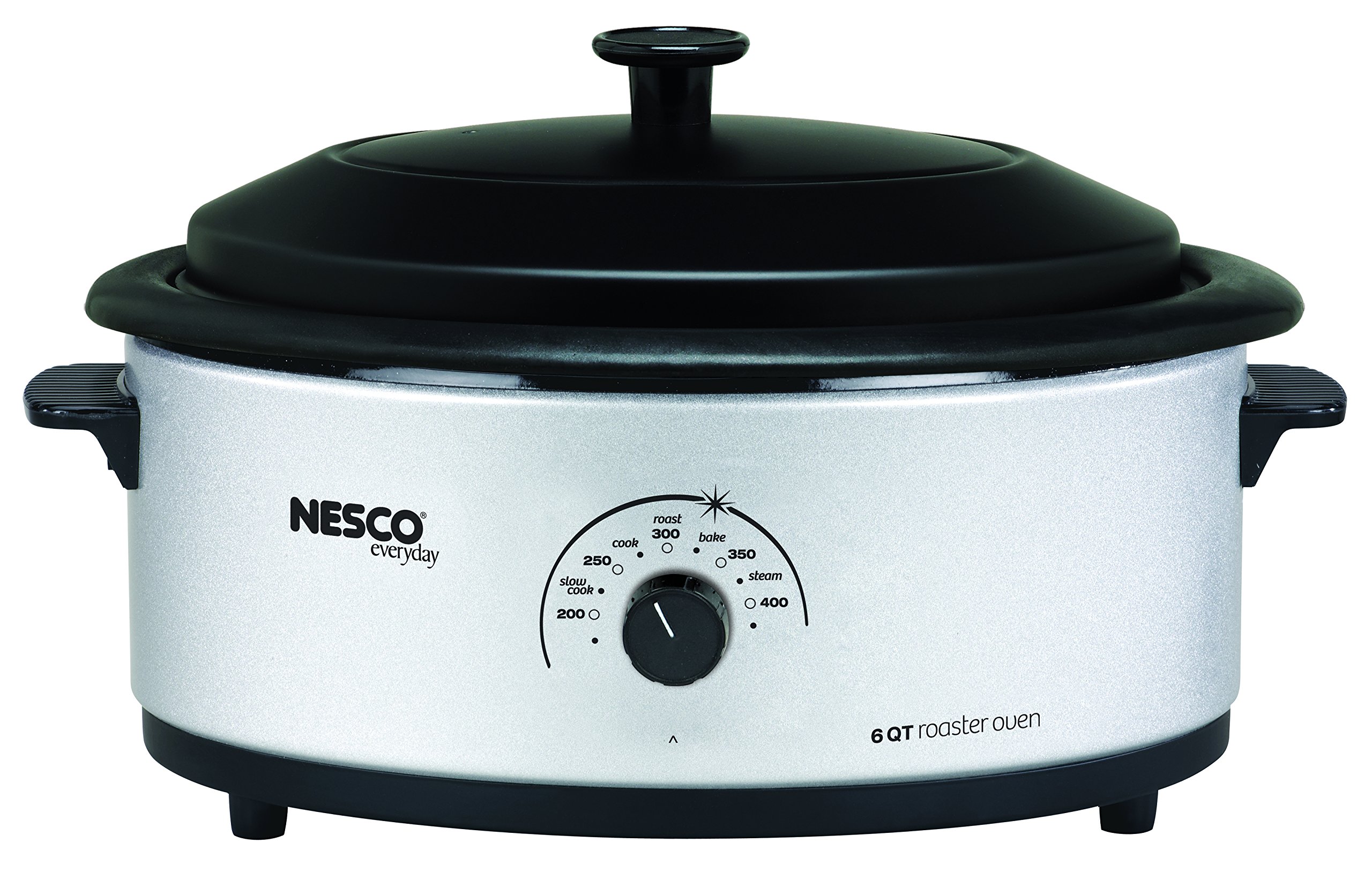 NESCO 4816-47, Roaster Oven with Porcelain Cookwell, Silver/Black, 6 quart, 750 watts