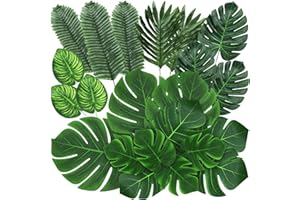 QUANQIUFEI 74 Pcs 7 Kinds Artificial Palm Leaves Tropical Fake Leaves, Monstera Leaf for Safari Jungle Hawaiian Dinosaur Luau Party Table Decoration Wedding Birthday Theme Party