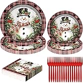 120Pcs Christmas Paper Plates and Napkins, Disposable Christmas Dinnerware Sets, 9" and 7" Xmas Snowman Plates, Red Green Xmas Party Supplies for Winter Holiday Gathering Xmas Tableware, Serves 30
