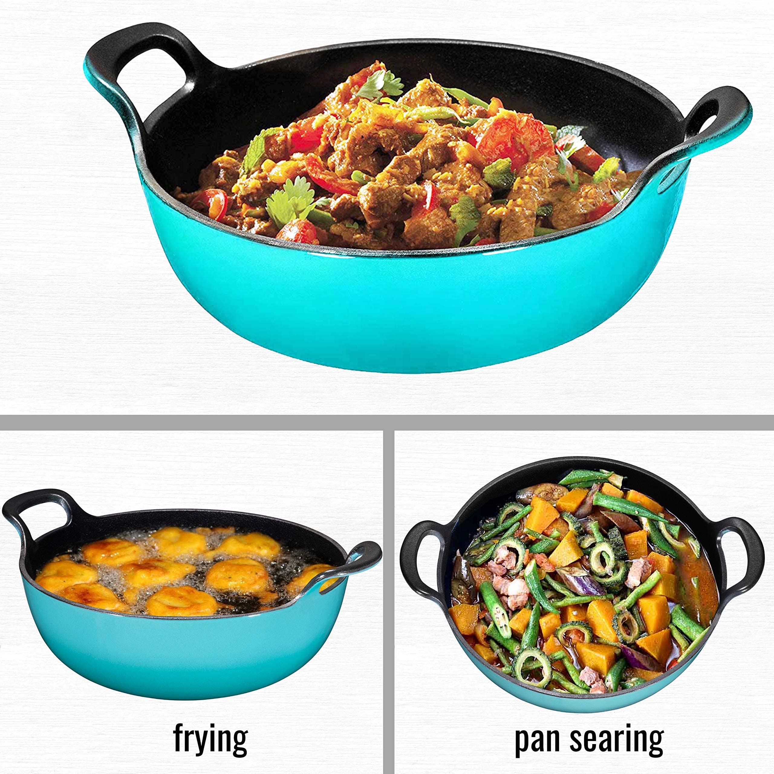 Bruntmor 3 Qt Enamel Cast Iron Balti Dish - Nonstick Handi for Curries, Asian Wok, Dutch Oven for Casseroles, Stovetop Stir Fry Pan