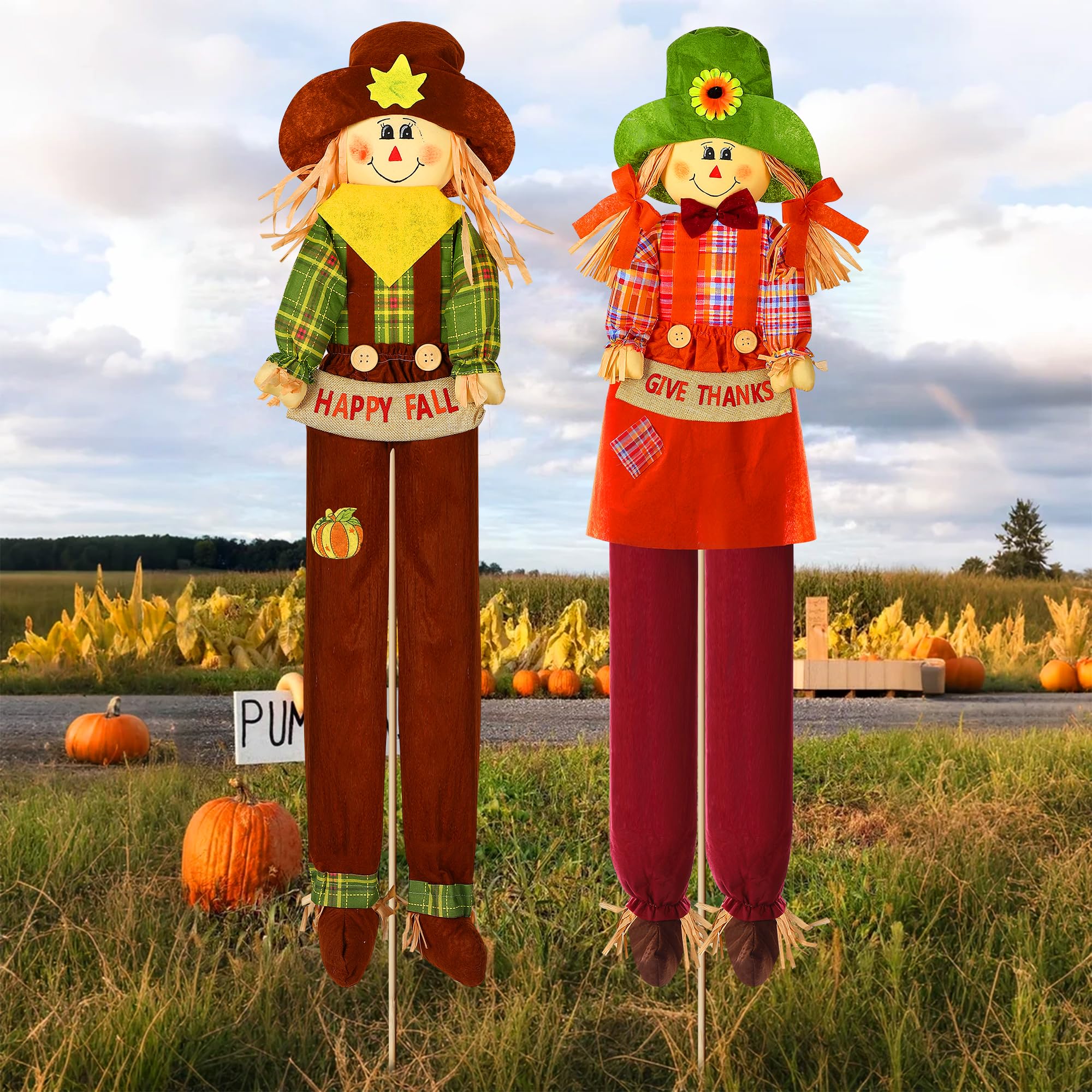 Photo 1 of Meonum 2 Pack Fall Harvest Scarecrow Decorations, Thanksgiving Standing Scarecrow for Autumn with Stakes, Rustic Outdoor Fall Yard Decoration for Home, Garden, Yard, Lawn, Porch Sign(150cm,Plaid)