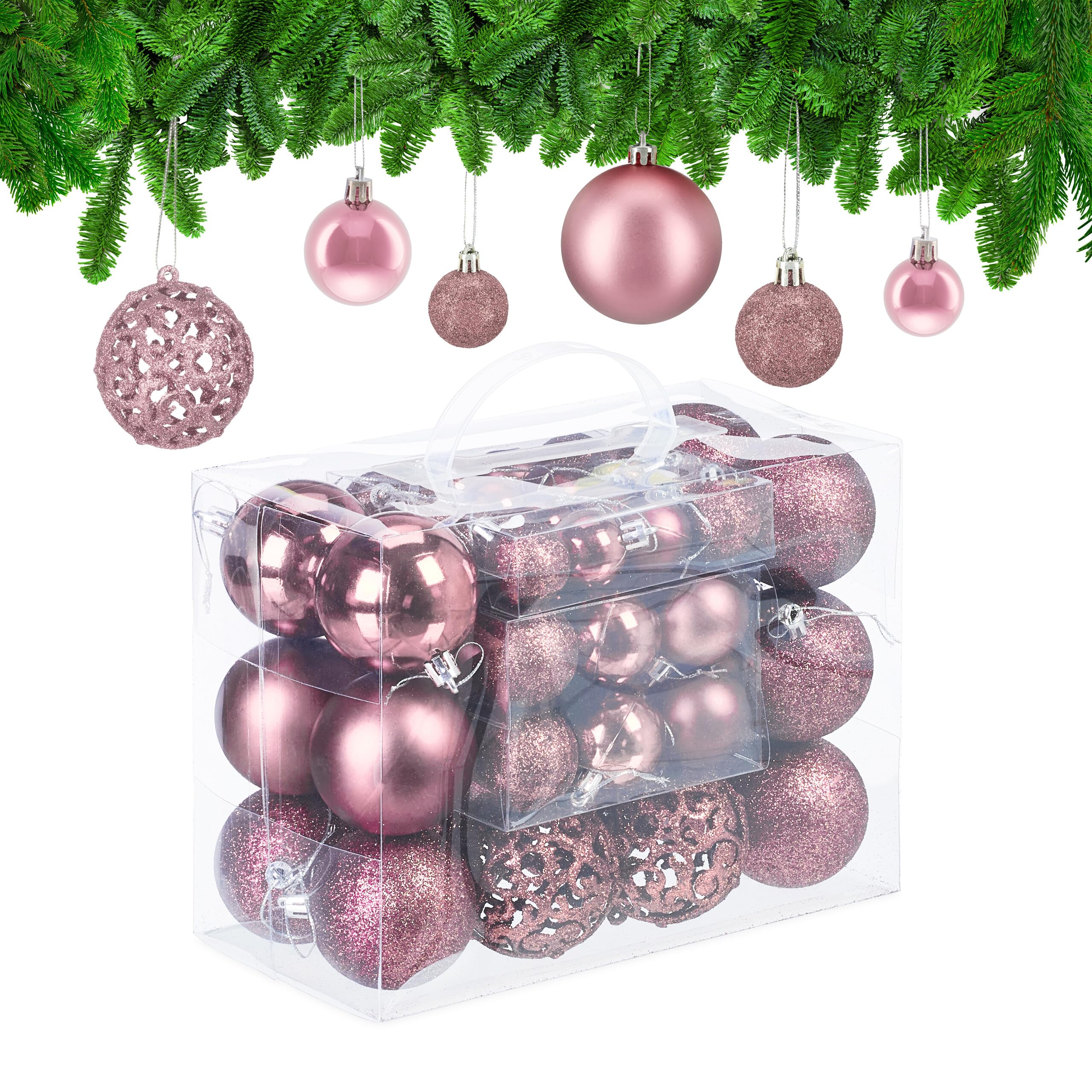 Relaxdays Christmas Bauble Set of 50, Glittery, Matt & Shiny Ornaments, Plastic Xmas Tree Balls, Ø: 3, 4 & 6 cm, Pink