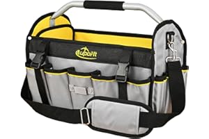 AUPOFIT Electrician Tool Bag16 In, 1680D Polyester Fabric 29 Pockets Open Top Tool Bags with Stainless Steel Handle & Padded Shoulder Strap, Heavy Duty Tool Tote Bag (Yellow-Gray)