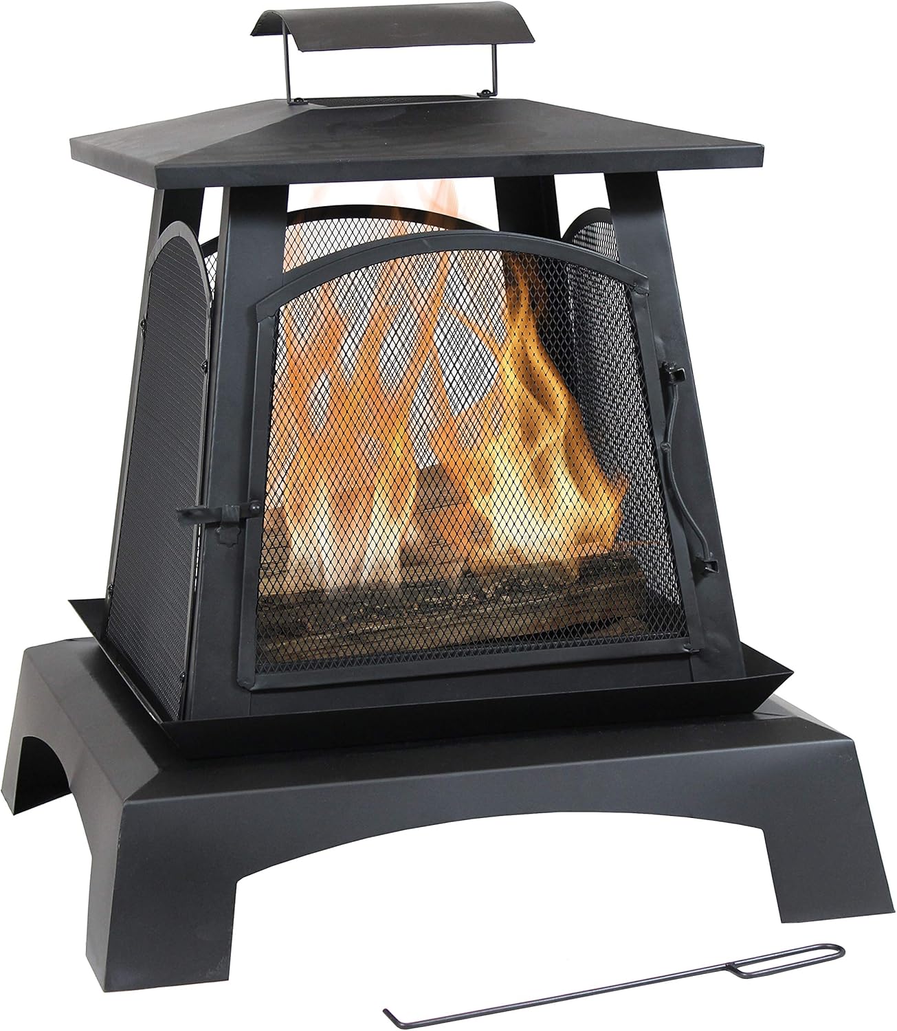 Sunnydaze Pagoda Style Steel Fire Pit - Metal Wood-Burning Enclosed Outdoor Fireplace with Log Grate and Poker - Modern Bonfire for Backyard and Patio - 32-Inch : Garden & Outdoor