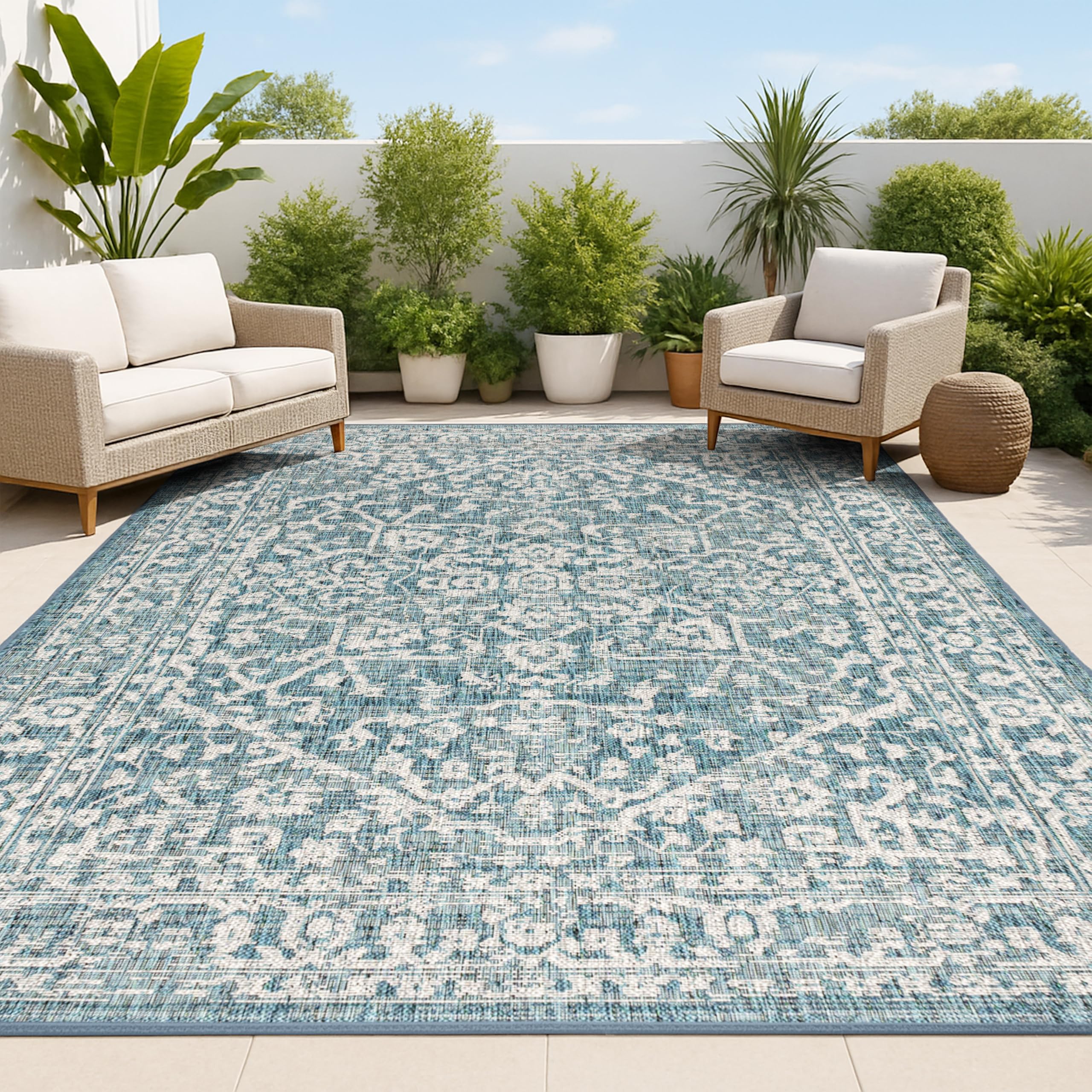 JONATHAN Y Boho Medallion Indoor Outdoor Area Rug 10X14 Teal/Gray, Malta Textured Weave for Backyard, Patio, Porch, Easy-Cleaning, High Traffic, Pet-Friendly, Non-Shedding (SMB104B-14) Image