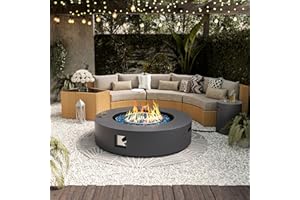 UPHA 42-inch Outdoor Propane Gas Fire Pit Table 50000 BTU Concrete Round FirePit for Outside Patio with Propane Tank Cover, Blue Glass Rocks, Rain Cover, Grey