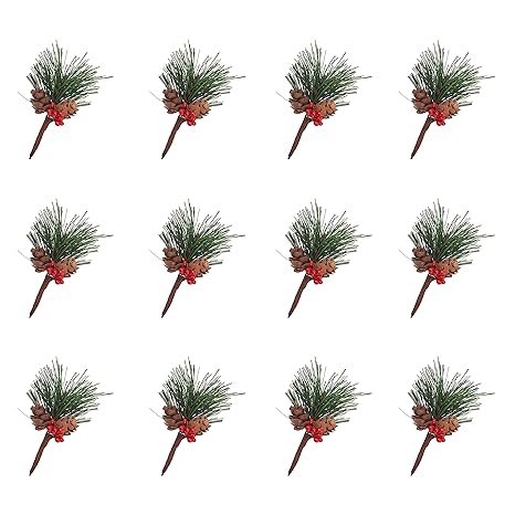WANDIC Künstliche Kiefernplektren, 12 Stück, kleine künstliche Kieferbaum für Weihnachtsblumengestecke, Kränze und Urlaubsdek