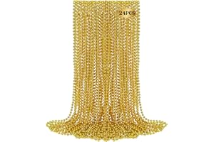 Huskein 24 PCS Gold Bead Necklace, 33" Mardi Gras Beads Bulk, Mardi Gras Beaded Necklace Accessories, Round Necklaces Parade Throw Beads for Carnival Party Supplies Wedding Birthday