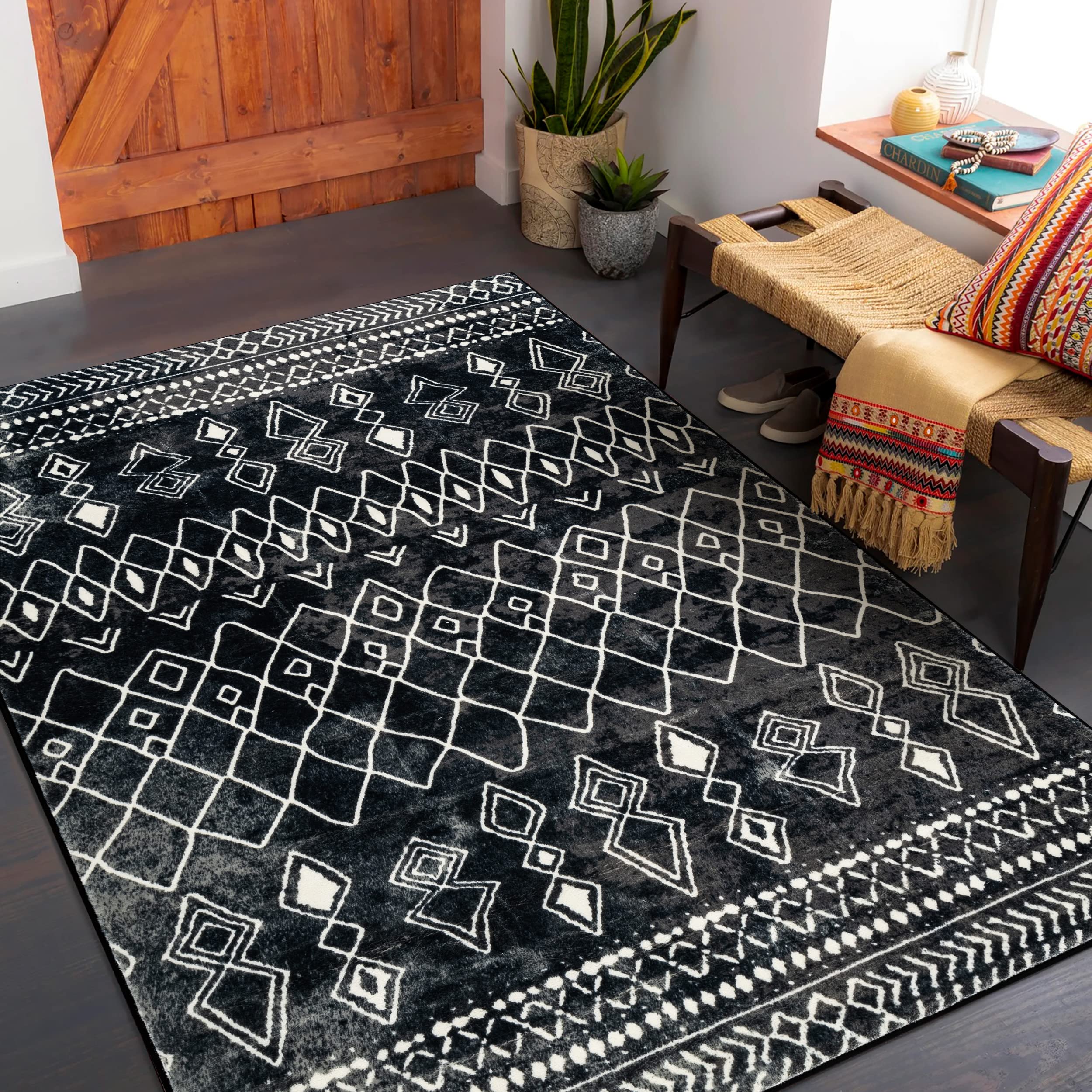 Carvapet Hallway Runner Rug 90x150cm Non Slip Long Kitchen Mat Washable Area Rug Soft Microfiber Geometric Floor Carpet Runner(Black)