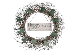 DIYFLORU 20 Inches St. Patrick’s Day Wreath,Green Shamrock Wreath Clover Berry Wreaths for Front Door Wall Decor St Patrick’s Day Decorations