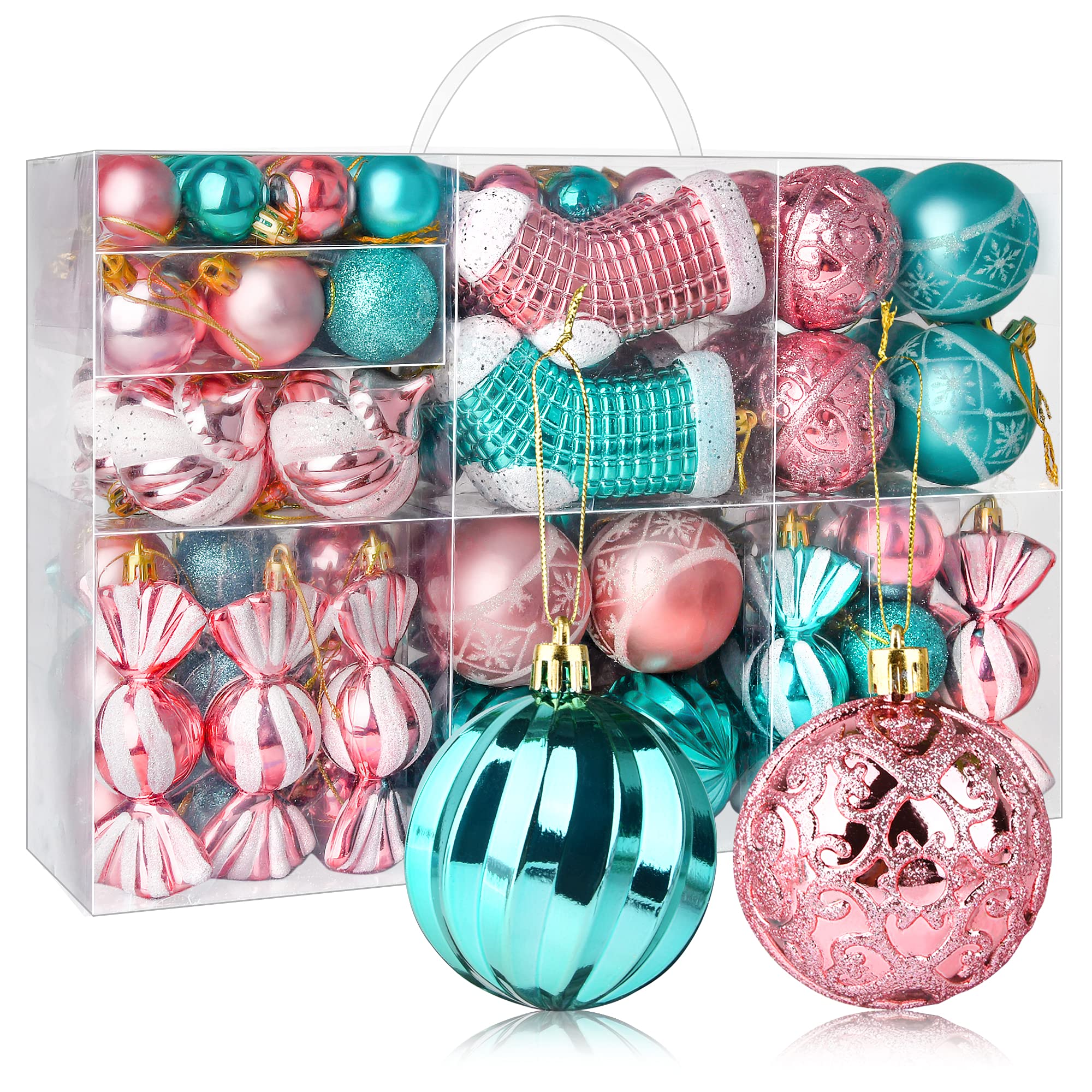 PIIDUOO Christmas Baubles Shatterproof Blue Pink Christmas Tree Baubles Decorations Set Xmas Ball Ornaments, assorted sizes, 97pcs