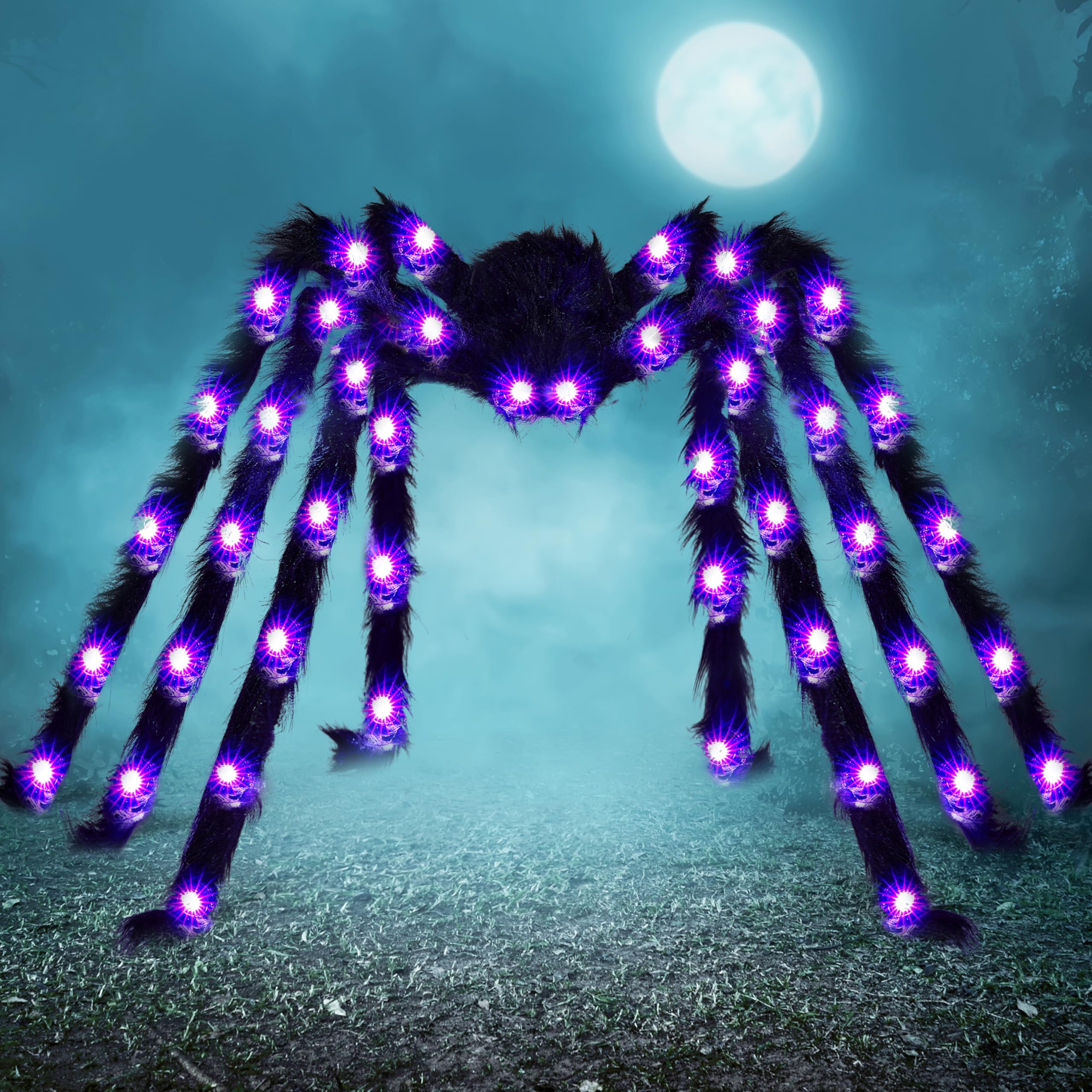 Photo 1 of JOYIN Halloween Outdoor Decorations Light-Up Giant Spider, 5 Ft Large Black Hairy Spider with Purple LED for Yard Lawn Garden Halloween Outside Decor, Indoor Haunted House Prop and Scary Party Decor