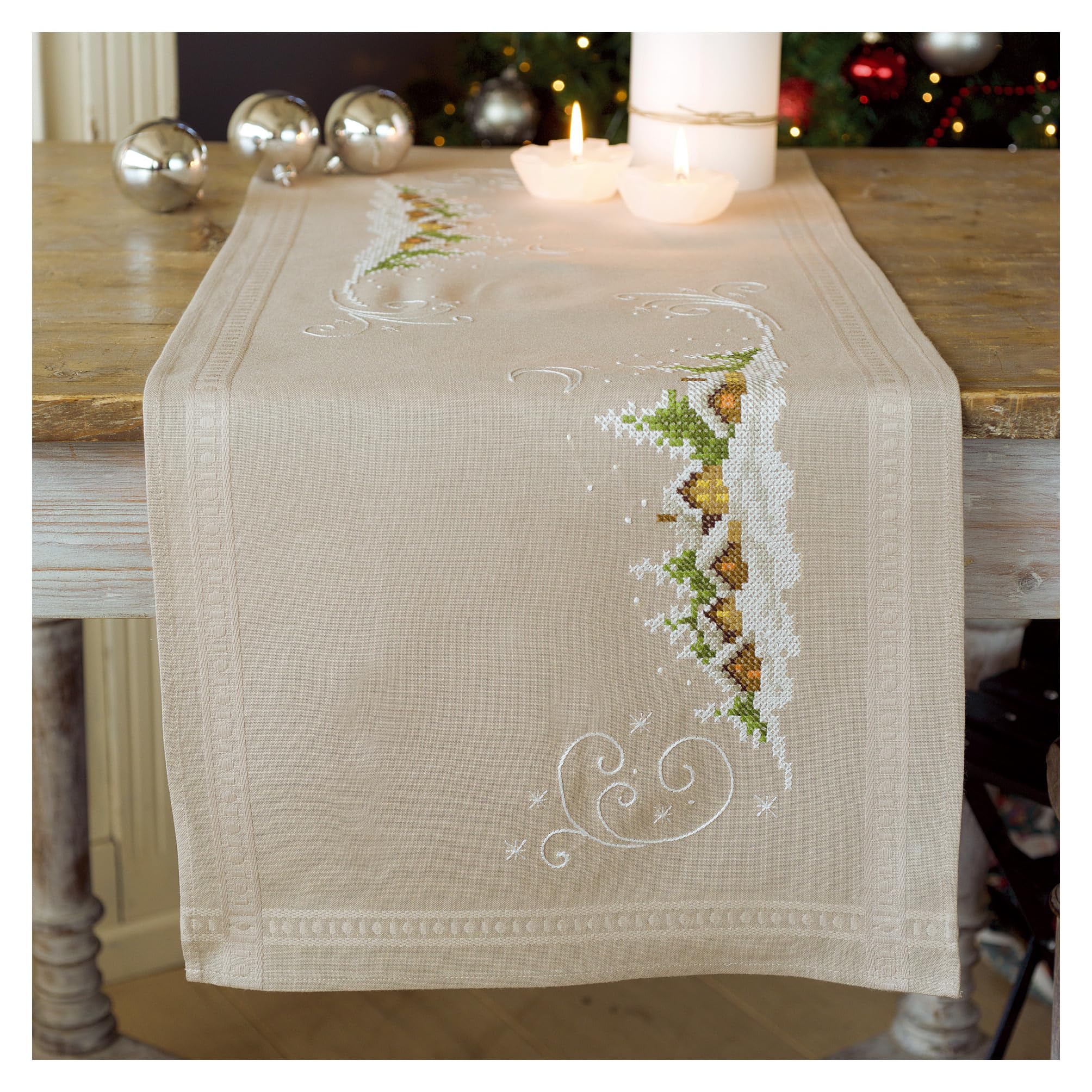 Vervaco Pack of 0150980 Table Runner Embroidery Cross Stitch Preprinted, Cotton, White, 40 x 100 x 1 cm