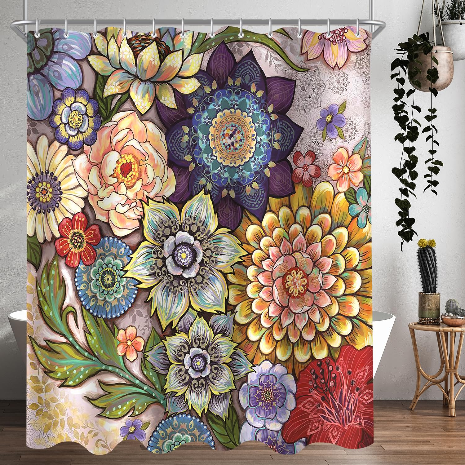 Lerores Shower Curtain, 240 x 200 cm, Bohemian Flower, Weighted Hem, Anti-Mould, Water-Repellent, Washable Polyester Bath Curtains with 16 Eyelets and Shower Curtain Rings for Bathroom, Bathtub โ image 1