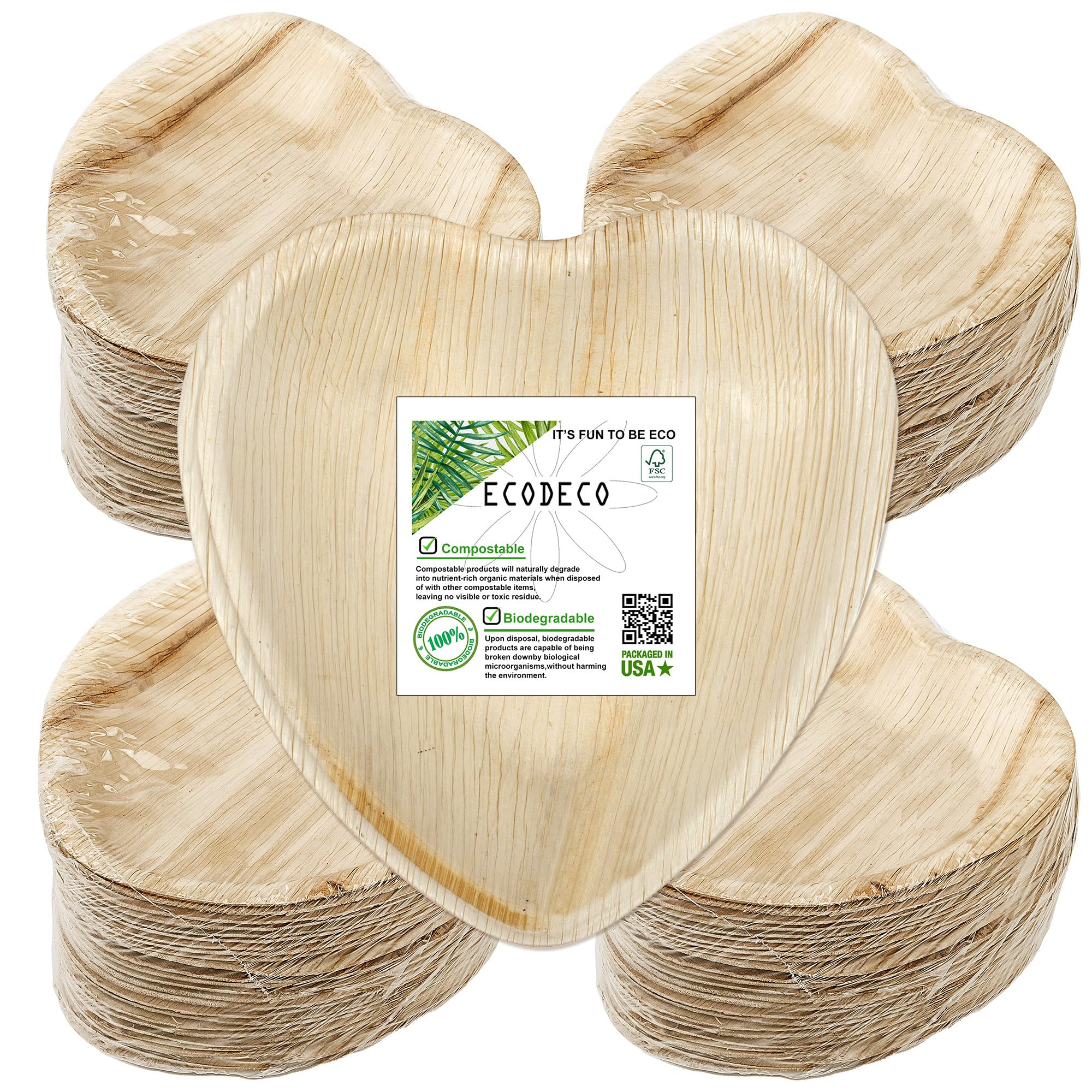 Photo 1 of ECODECO Palm Leaf Compostable Plates - 100 pcs - Heart - Disposable Eco Friendly Like Bamboo Party Plates - 6.5 Inch