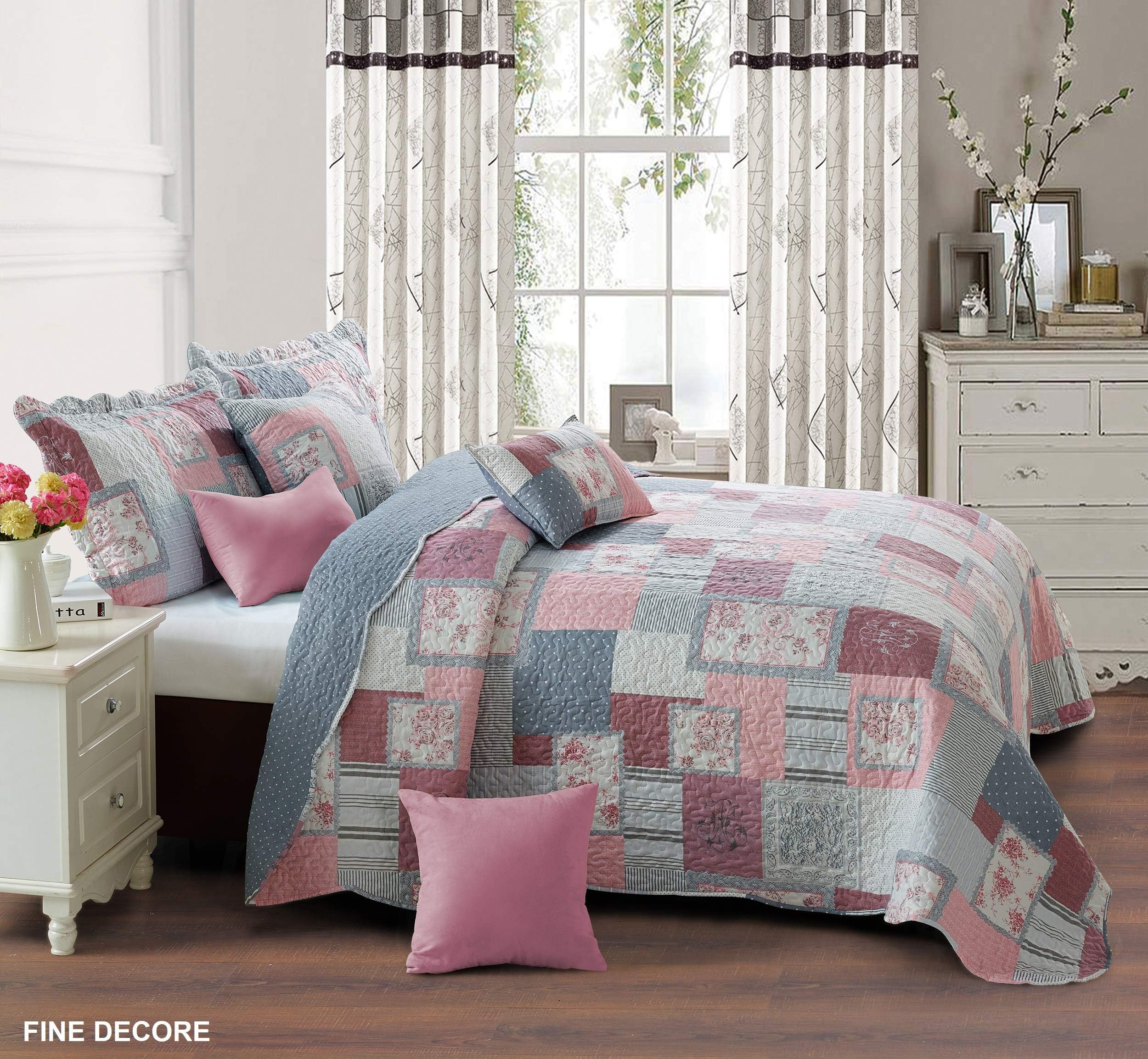 Zash Beautiful Floral Vintage Patchwork Quilted Bedspread/Throw with Pillow Shams (Double, Fine Decore)