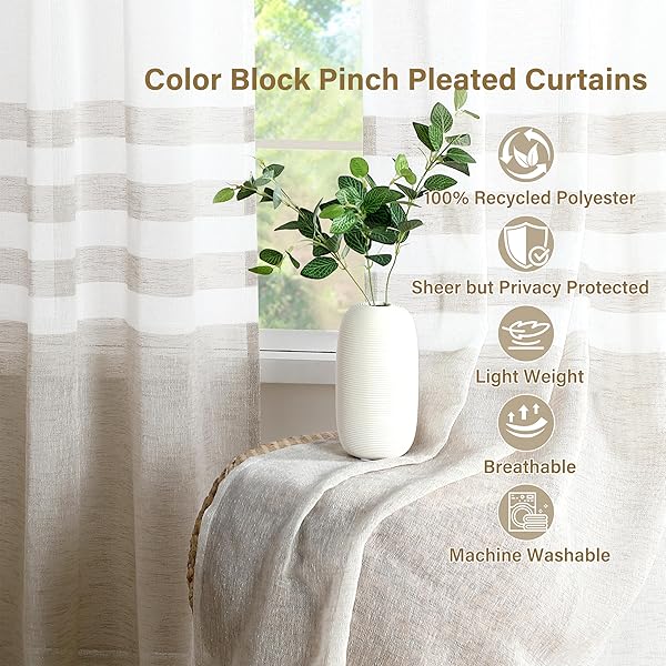 WEST LAKE PINCH PLEATED SHEER CURTAINS 84 INCHES LONG,TAN WHITE COLOR BLOCK DRAPES,FARMHOUSE WINDOW TREATMENT FOR BEDROOM LIVING ROOM,BACK TABS,TAN WHITE,58″ WX84 L(PACK OF 2)