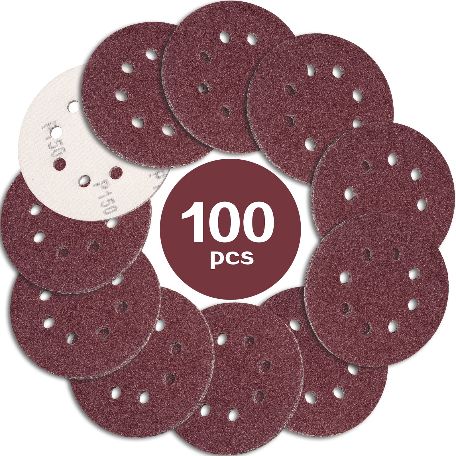 STEBRUAM 100PCS 125mm Sanding Discs 150 Grit, 5 Inch 8 Hole Hook and Loop Sanding Pads for Random Orbital Sander