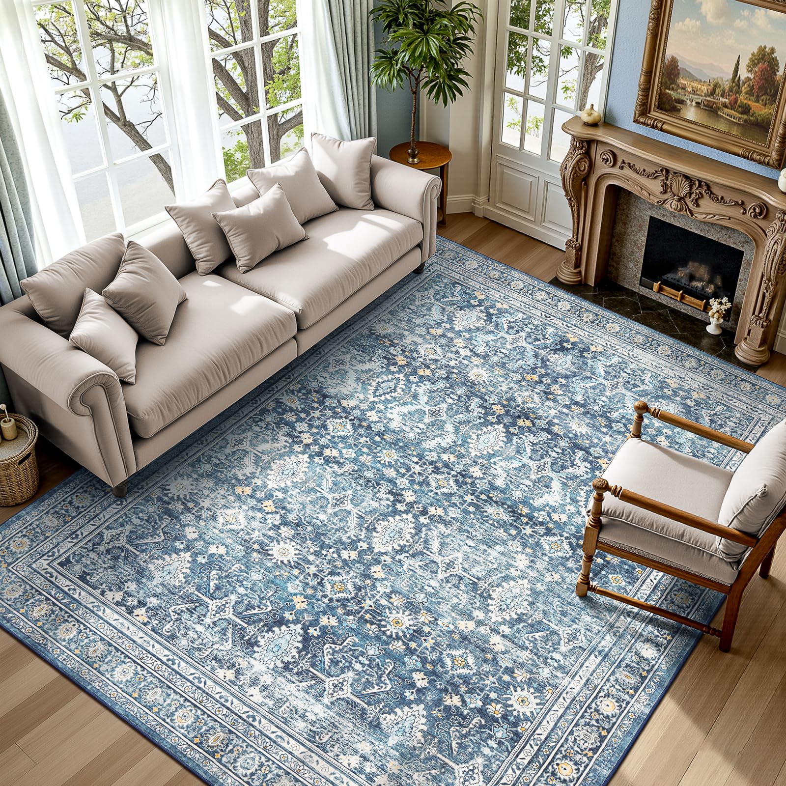 Lofus 6x9 Area Rug for Living Room,Blue Washable Area Rugs with Non-Slip Backing,Soft Boho Carpets for Bedroom Dining Room Home Office Indoor Nursery