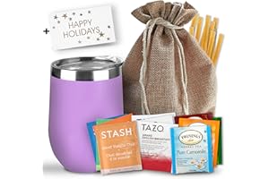 MERCATO DI BELLINA Bellina Tea Gift Baskets for Women & Men - Holiday Tea Gift Set - Herbal Tea Gift Sets for Tea Lovers - Includes Insulated Tea Cup, 20 Premium Teas, 10 Honey Straws, Gift Tag, Natural Gift Bag