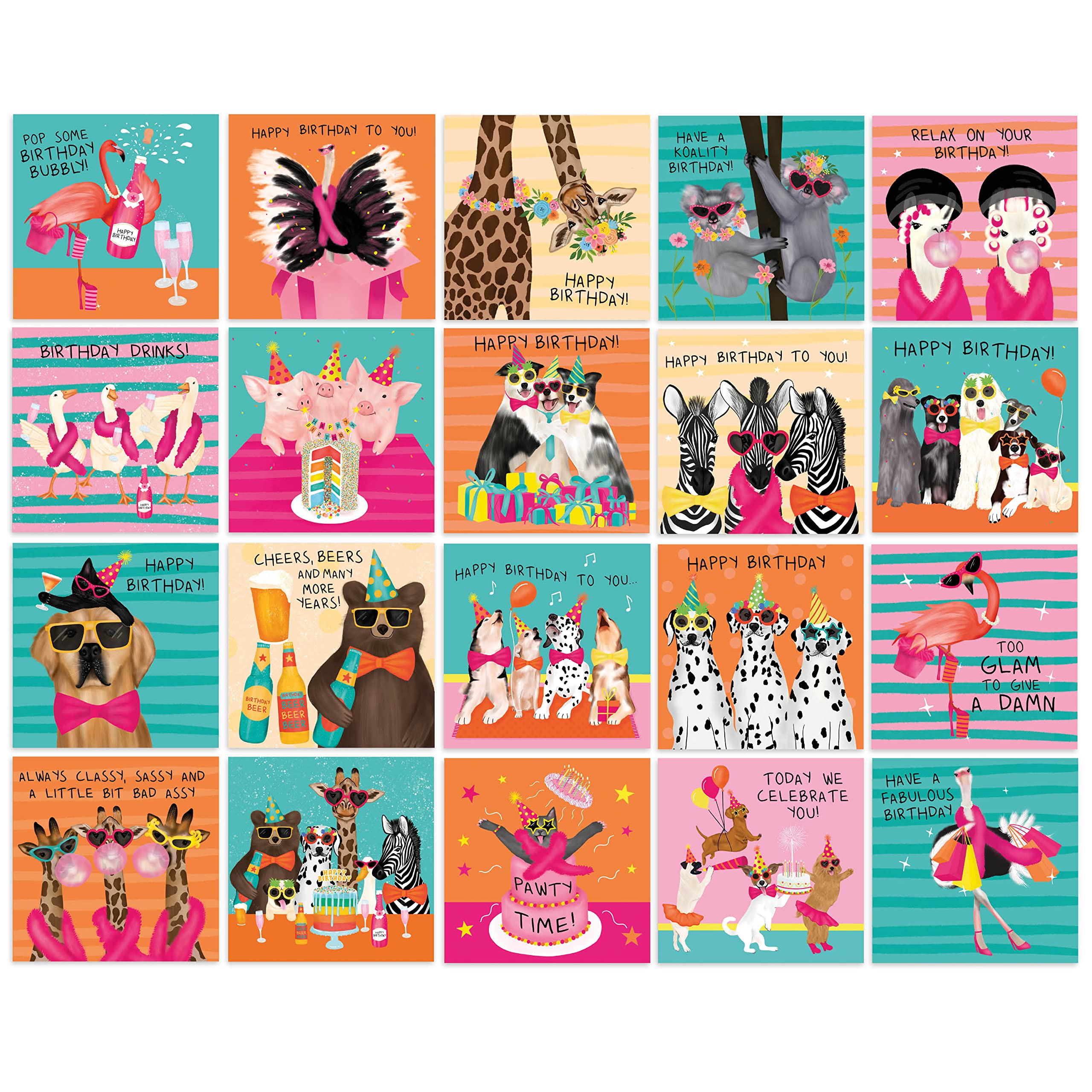Central 23 Birthday Cards Multipack (x20) - Birthday Card for Women - Female - Assorted Animal Birthday Cards - Bulk Card Pack with Coloured Envelopes and Stickers - Made in the UK