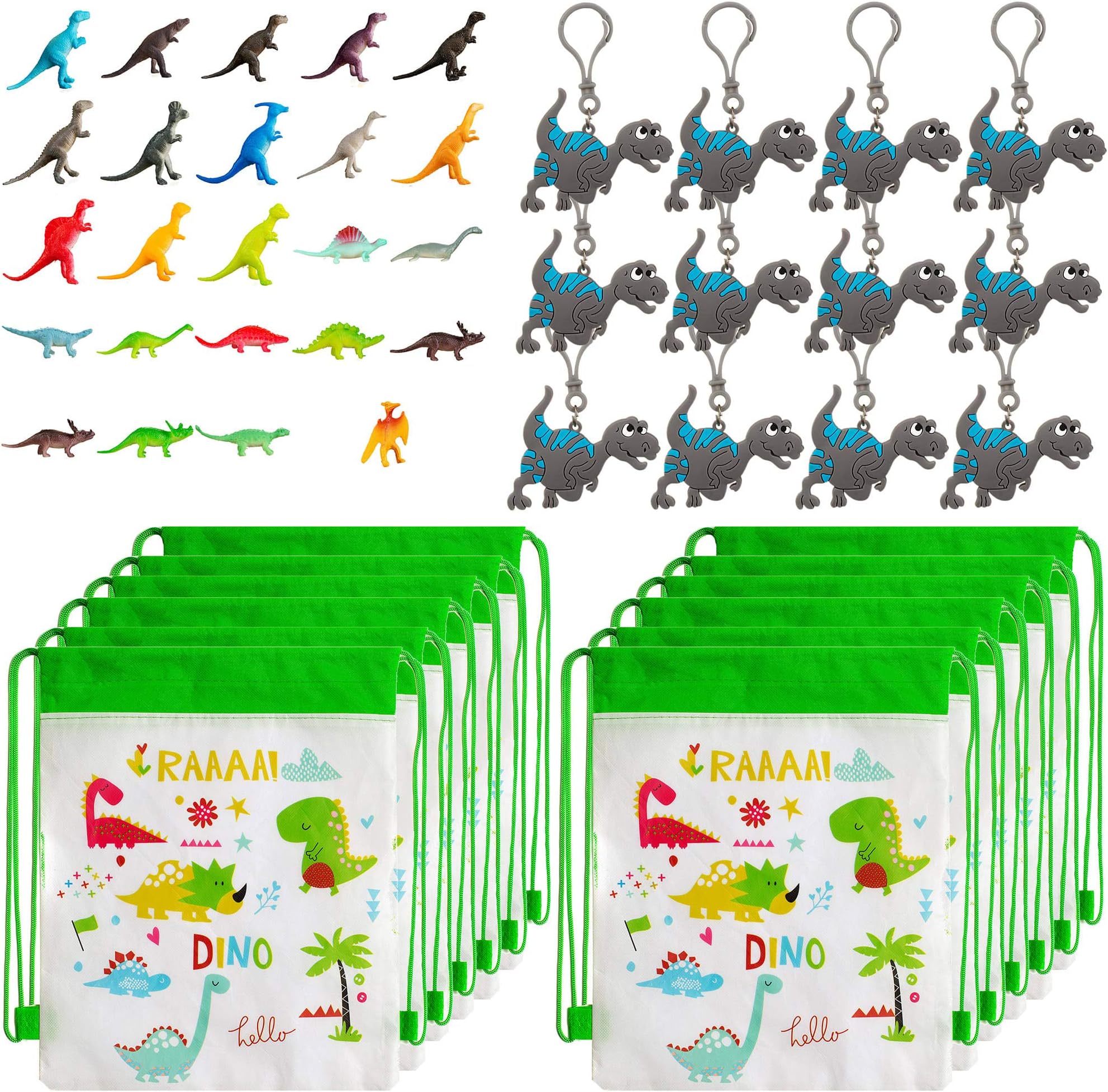 Dinosaur Party Favors Pack with Dinosaur Party Bags, Dinosaur Toys, and Dinosaur Keychains for 12 Kids