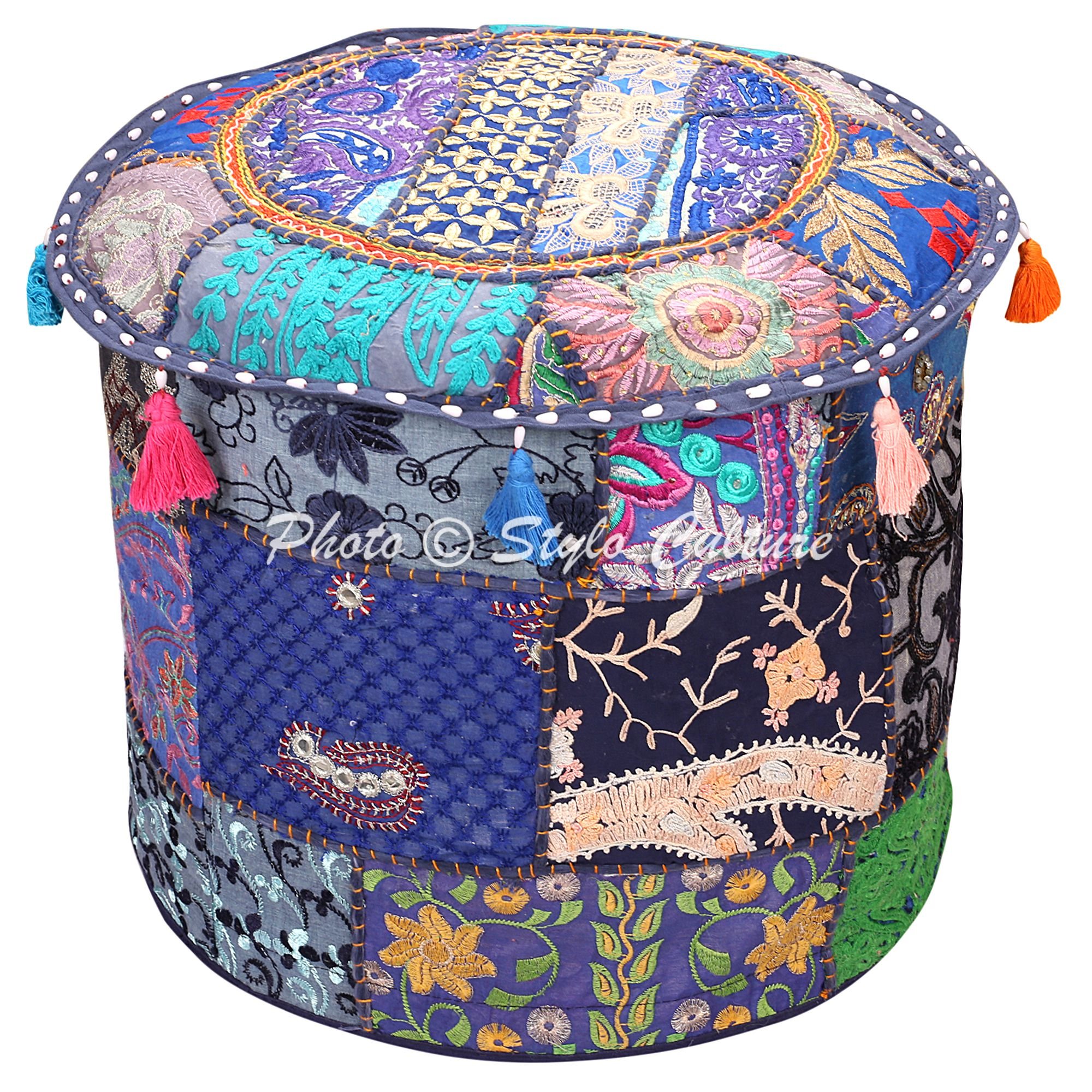 Stylo Culture Ottoman Pouffe Footstool Vintage Cover Navy Blue Indian Embroidered Patchwork Cotton Traditional Round Fabric Ottoman Pouf Cover (16x16x13 Inch) 40cm (COVER ONLY)