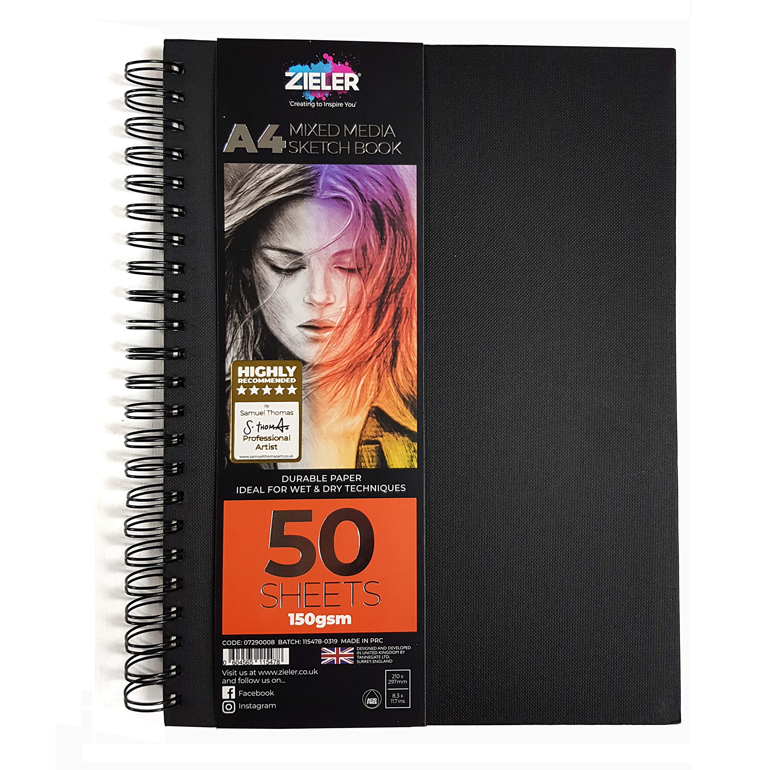 Hardback Spiral Mixed Media Sketch Book – 150gsm 50 Sheets - by Zieler. Ideal for use with Pencils, Charcoal, Graphite, Pastels & Light Watercolour. Perforated & Acid Free Sheets - Portrait (A4)