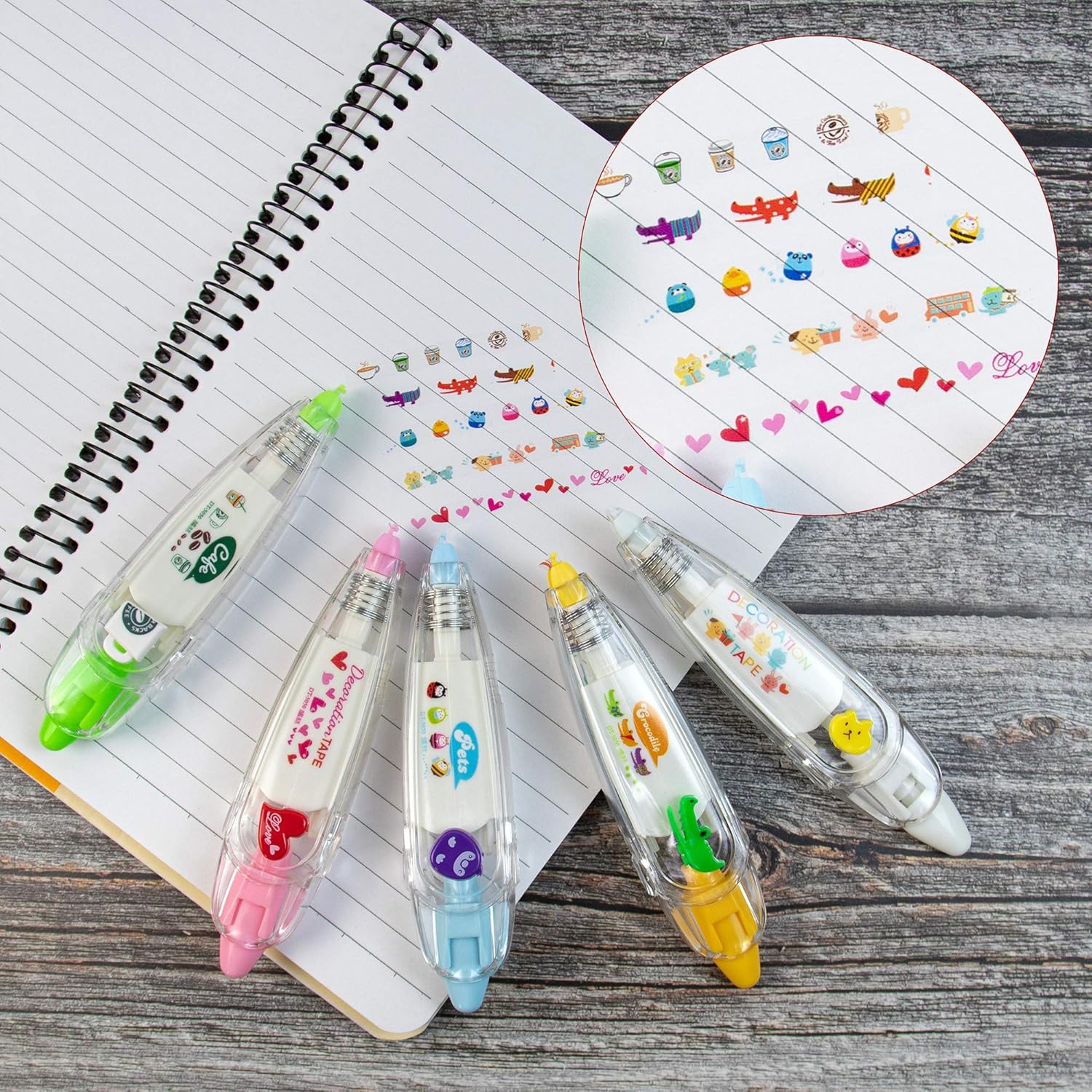 AUEAR, 5 Pack Correction Tape Cute Cartoon Push Tape Sticker Machines Kawaii Decorative Correction Tape for Scrapbooking Diary Planner Journal DIY Crafts (Cat/Cafe/Penguin/Heart/Crocodile) : Office Products