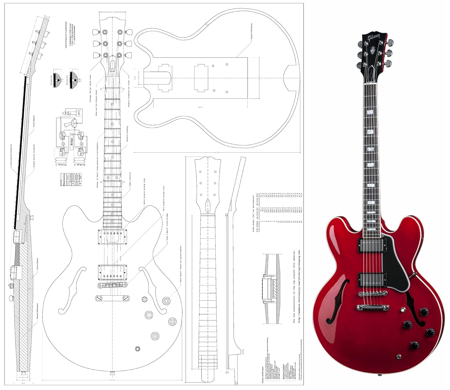 Gibson ES-335 Jazz Archtop electric Guitar Plans - Full Scale - Actual Size - detailed