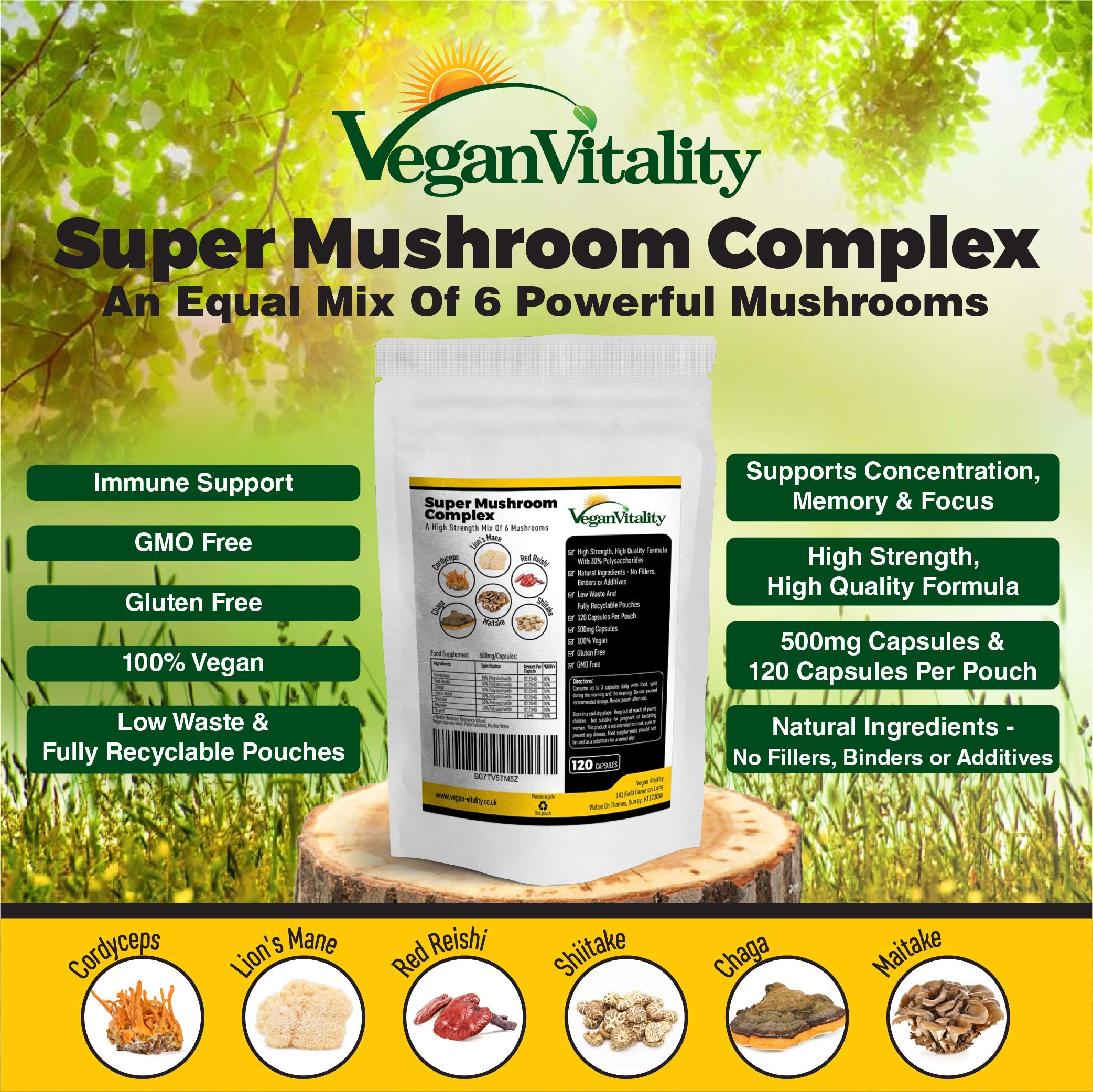 Super Mushroom Complex. High Strength Formula of 6 Mushrooms - Lions Mane, Reishi, Chaga, Shitake, Cordyceps & Maitake. 120 Capsules. 500mg Per Capsule.