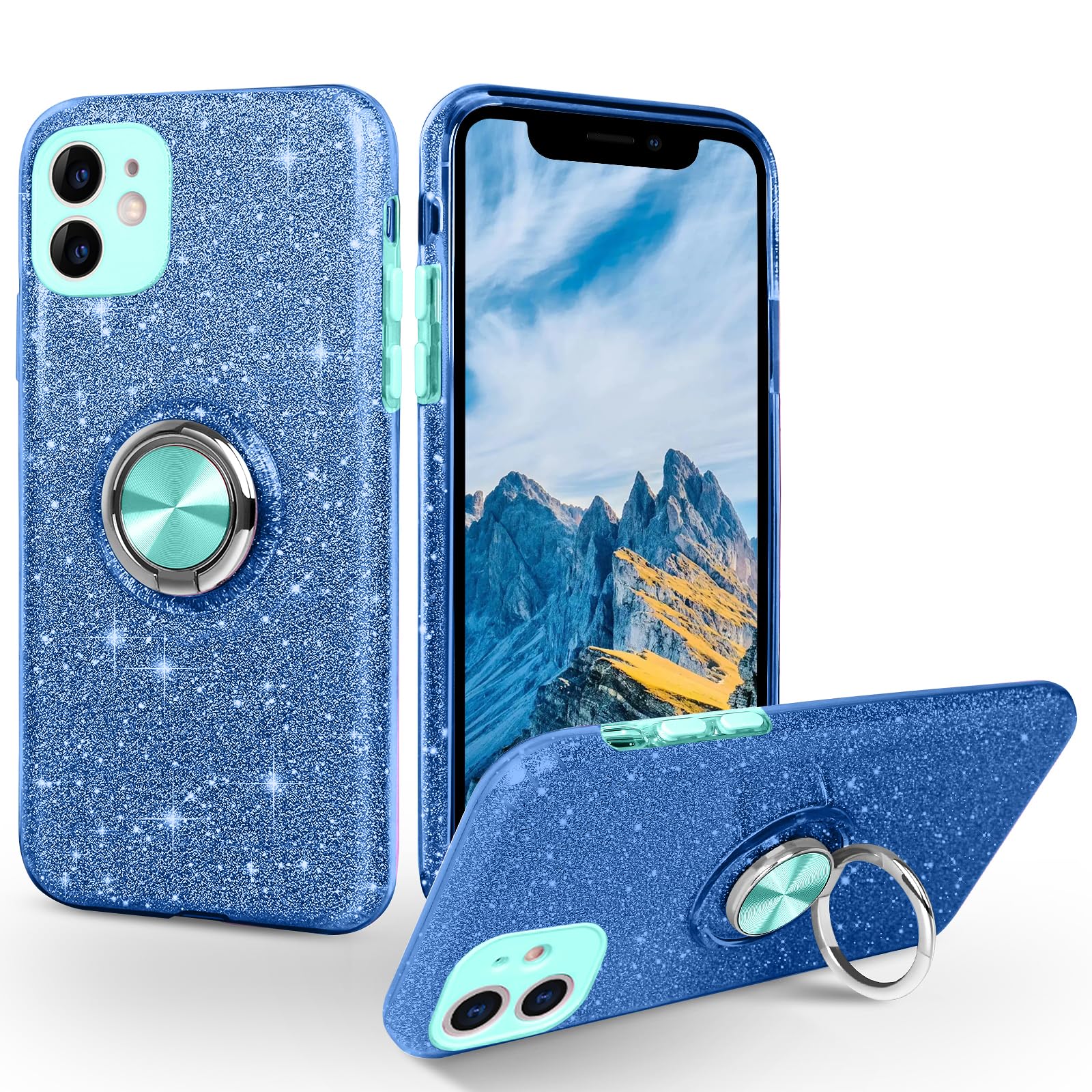 Photo 1 of SouliGo iPhone 11 Case, Phone Case iPhone 11, Slim Thin Shinny Sparkly Soft TPU Shockproof Protective Ring Kickstand Hybrid Protection Girls Women iPhone 11 Cover, Blue Glitter Design
